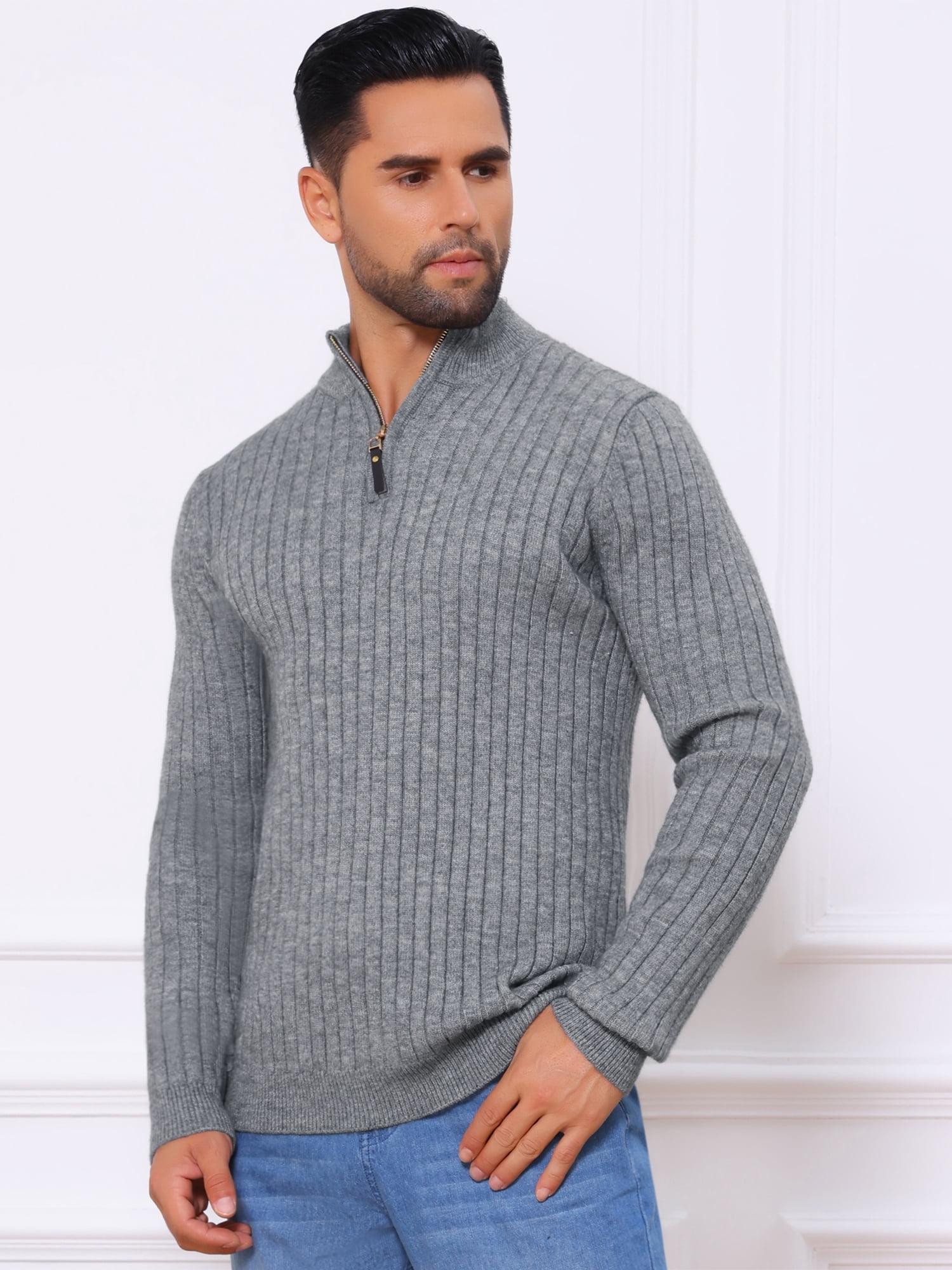 DARING DIVA Men's Casual Pullover Knitted Mock Neck Polo Sweater M Gray
