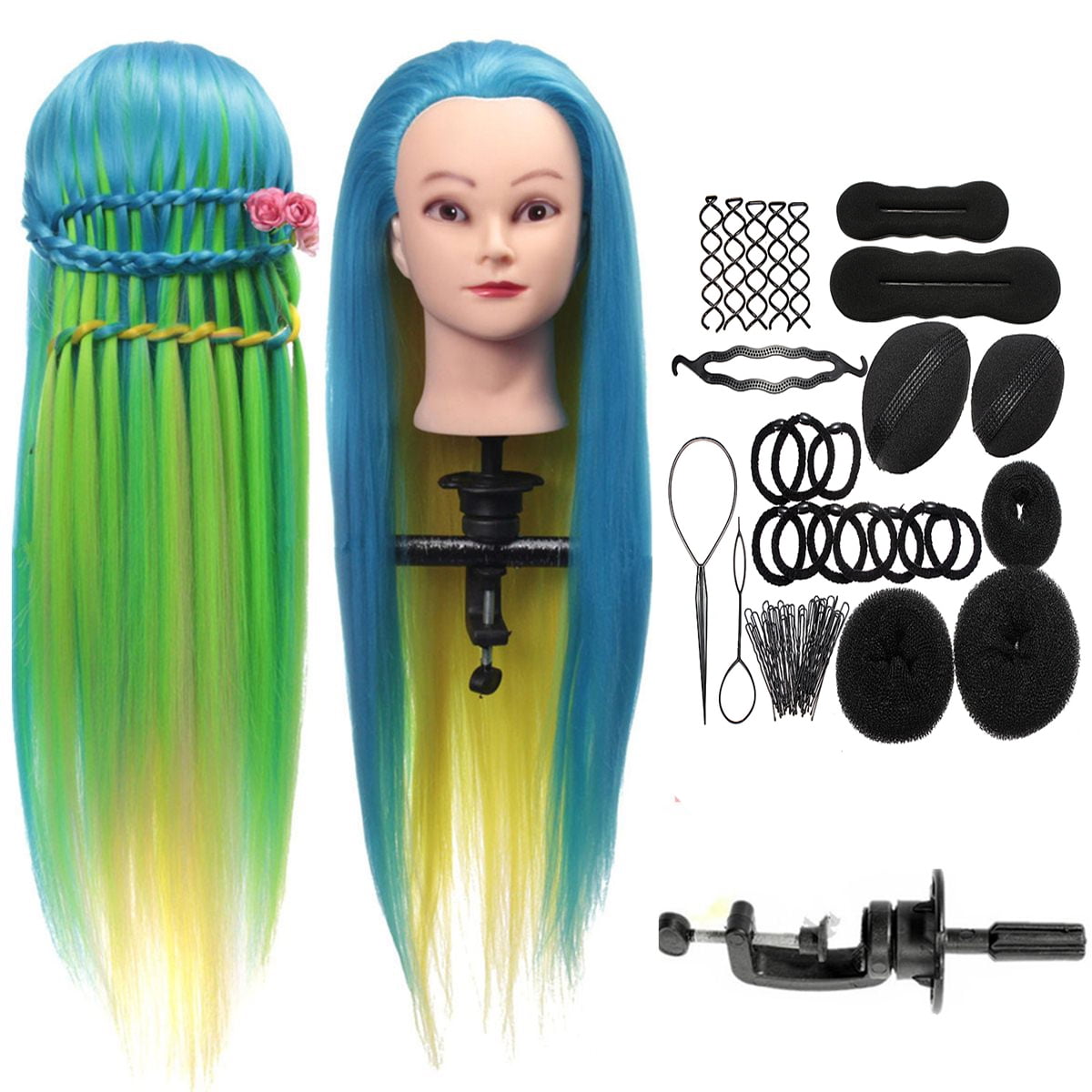27'' Rainbow Color Hair Training Mannequin Head，Hairdressing Makeup Practise Head ,With Clamp