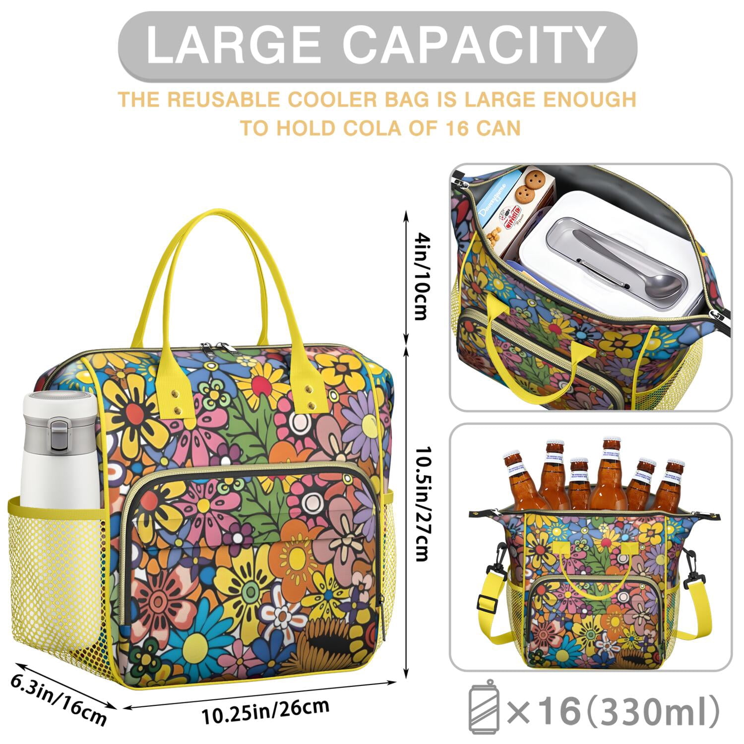 Pioneer Flower Floral Print Pattern Womens Lunch Box for Work,Insulated Large Lunch Bag for Tween and Teen,Loncheras Para Mujer,Leakproof Adult Lunch Bag for Work,Beach,Travel,Picnic,Camping