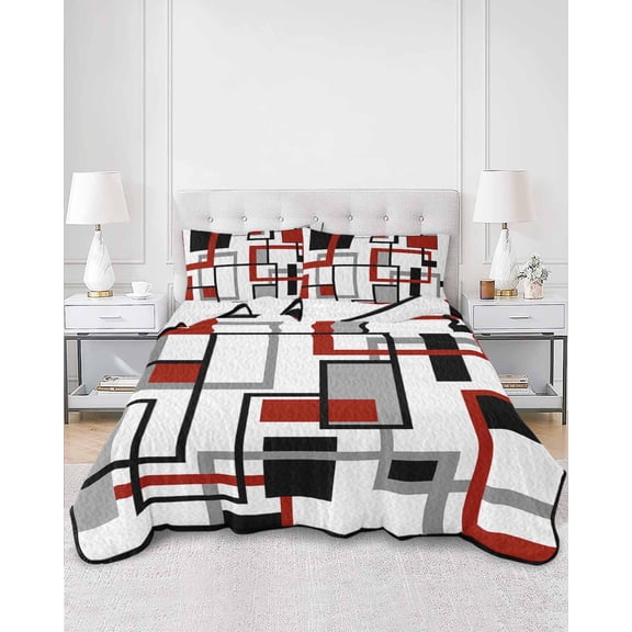Quilts King Size, Red Black Grey Geometric Soft Comforter Bedding Set for Bed, Middle Century Modern Abstract Art Lightweight Quilted Bedspread with Pillow Cover(2 Pieces) for All Season, 96x106 Inch