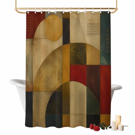 Abstract Geometric Bathroom Shower Curtains with Hooks, Modern Oil Painting Color Block Patchwork Waterproof Fabric Washable Shower Curtain for Home Hotel Bathtub Decor 60x72 Inch