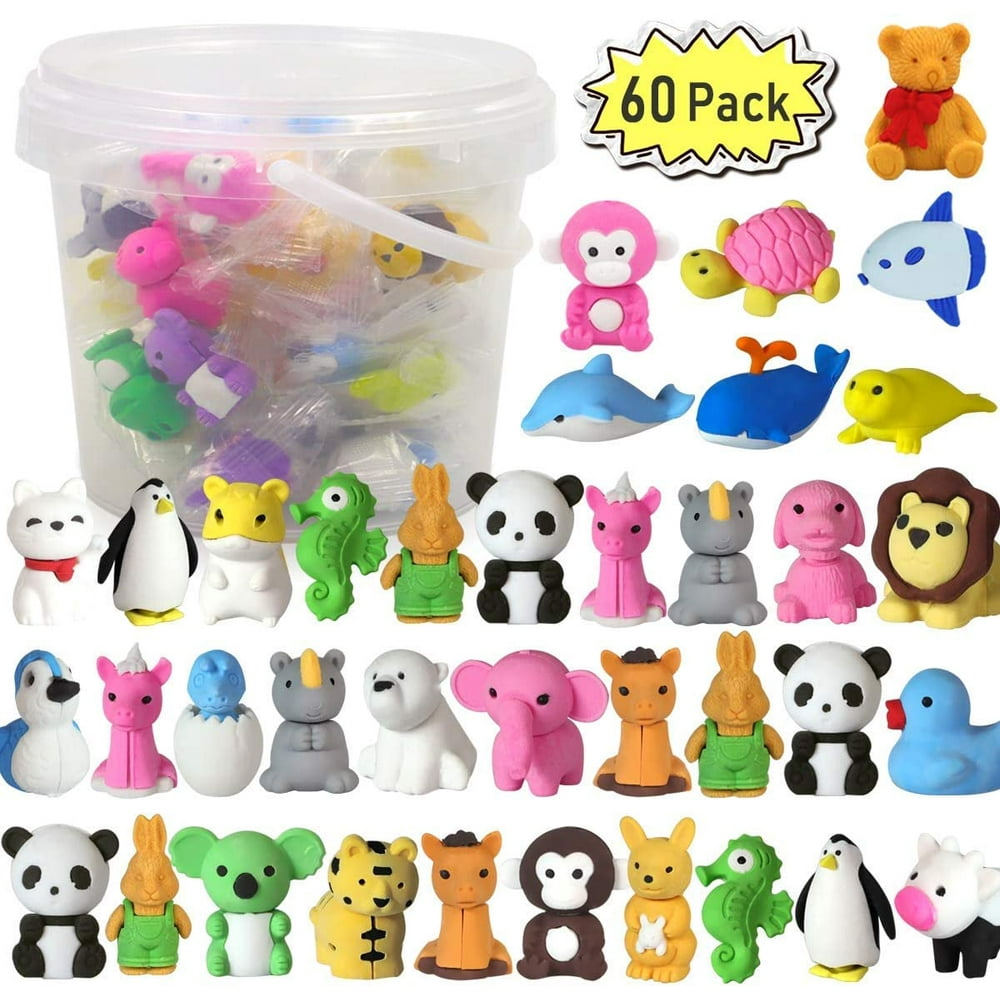 JoyX 60 Pack Animal Pencil Erasers Bulk for Kids, Puzzle Erasers Mini