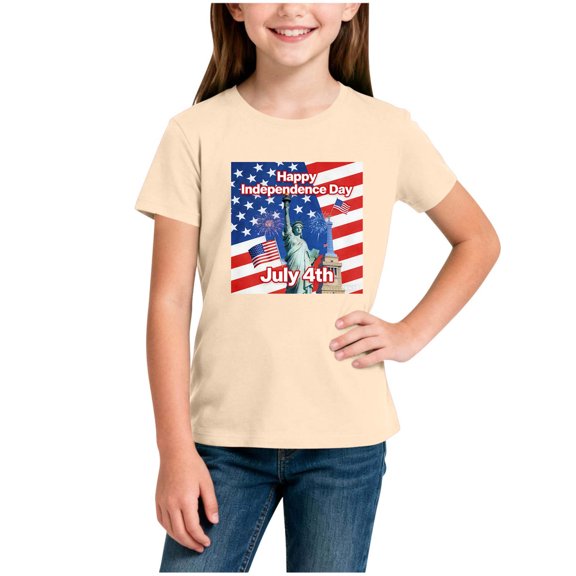 ZVNAΖH Unisex Kids' Independence Day Print T-Shirt, Boys & Girls Casual Short Sleeve Crew Neck Patriotic Top for 2-14 Years, 4th of July Streetwear
