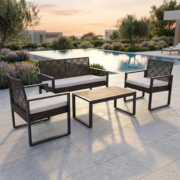Outdoor Patio Furniture Set, 4 Piece Rattan Chairs with Coffe Table for Backyard, Balcony, Deck, Front Porch, Patio Conversation Seating Sets for Outside, Juego Muebles de Exterior(Brown)