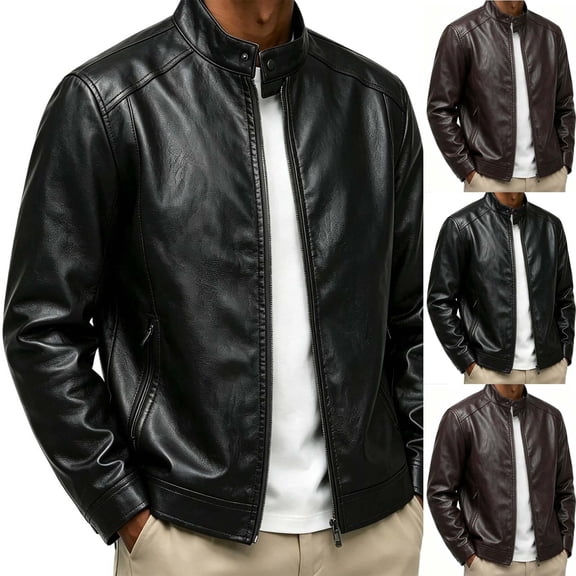 Miqool Mens Vintage PU Leather Biker Jacket Zip Front Casual Fall Winter Long Sleeve Stand Collar Motorcycle Outerwear with Multiple Pockets