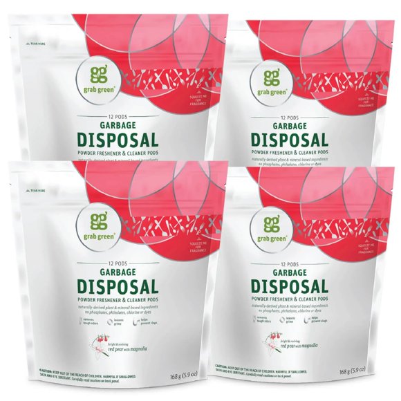Grab Green Naturally-Derived, Mineral-Based Disposal Cleaner & Freshener Pods, Red Pear with Magnolia, 12 Pods (4-Pack)