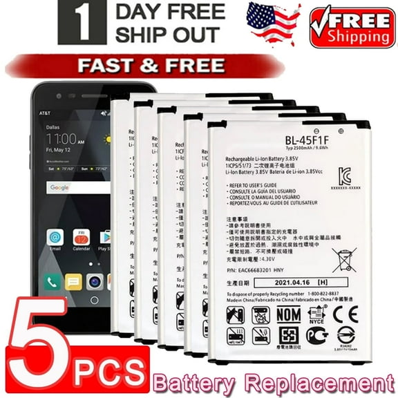 5PCS Replacement Battery for TracFone LG BL-45F1F EAC63321601 Battery for Risio 3 Fortune 2 2018 Phoenix 3 4 Rebel 2 Aristo 2 K4 2017 K8 Cell Phone 2500mAh 9.6Wh Li-ion Battery