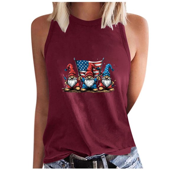 Staron Women Graphic Print Tank Tops Sleeveless Round Neck Casual Loose Beach Holiday Summer Tops, Wine XL