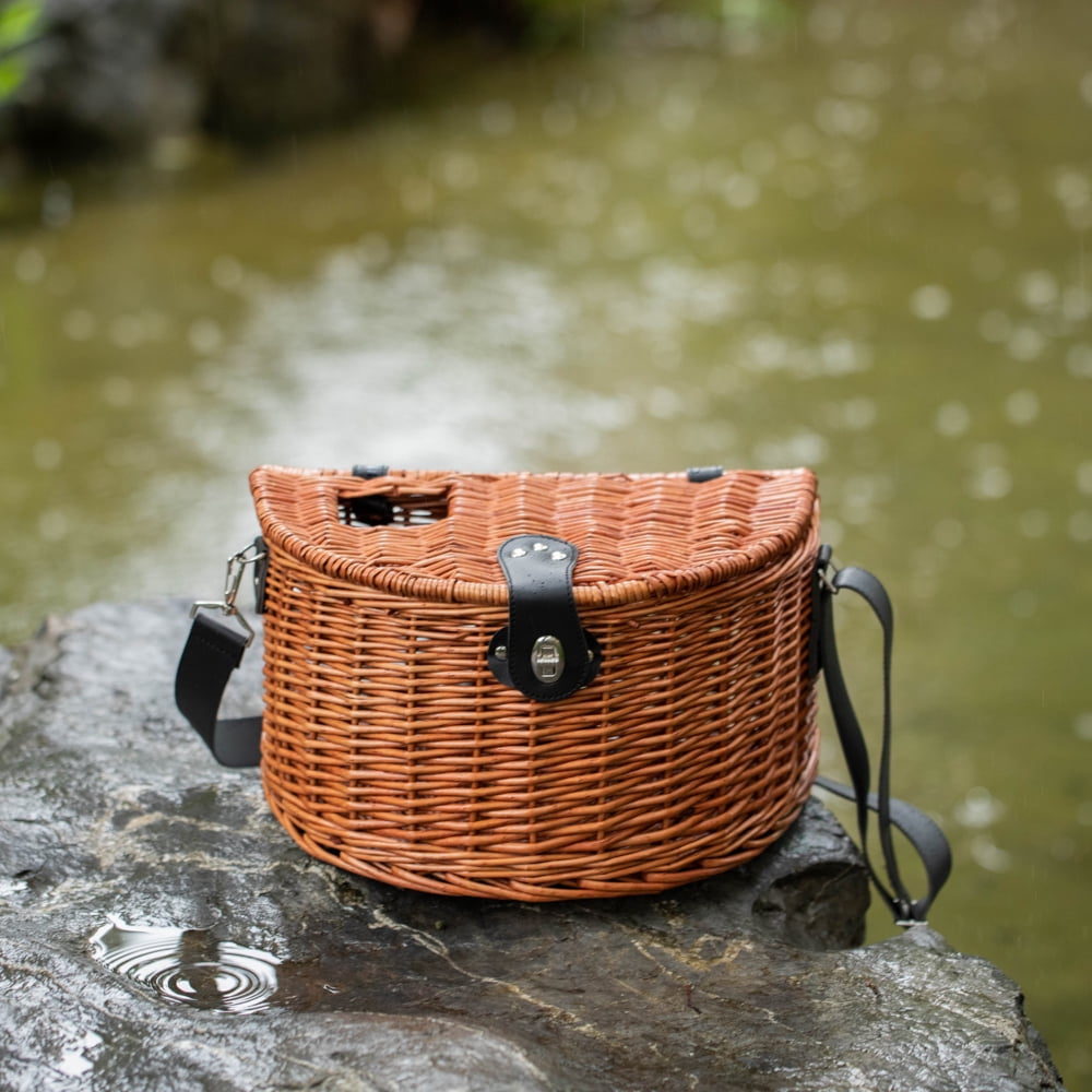 Wicker Fishing Creel with Faux Leather Shoulder Strap