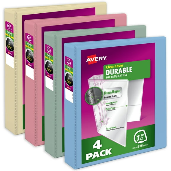 Avery Durable View 3 Ring Binders, 1.5 inch Slant Rings, 375-Sheet Capacity, DuraHinge, 2.1 inch Wide Spine, Customizable Clear Covers and Spine, Assorted Pastel Colors (4-Pack of 05634)