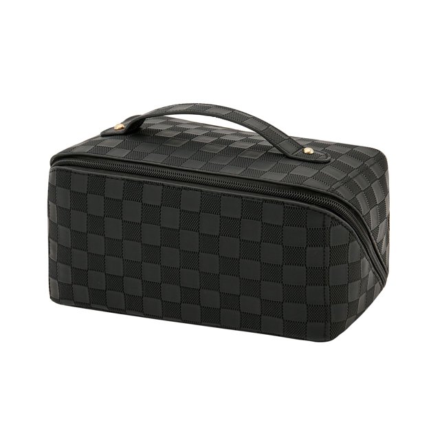 Bolsa de maquillaje con forma de almohada a cuadros, bolsa de lavado impermeable portátil de gran capacidad, bolsa de almacenamiento de viaje (color: Negro)