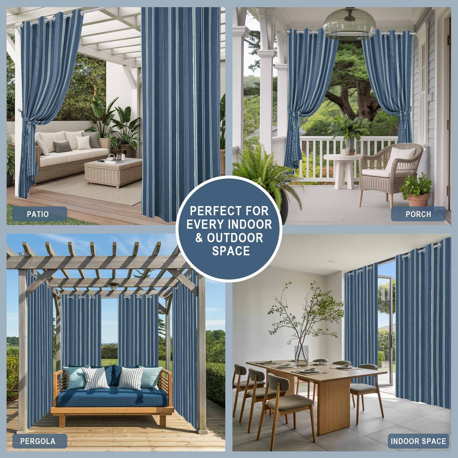 Navy Blue Striped Outdoor Curtains for Patio, Minimalism Stripes Modern Vintage Farmhouse Abstract Sunshade Privacy Drapes Grommet Waterproof Outside Curtains for Porch Balcony 54"x108", 1 Panel