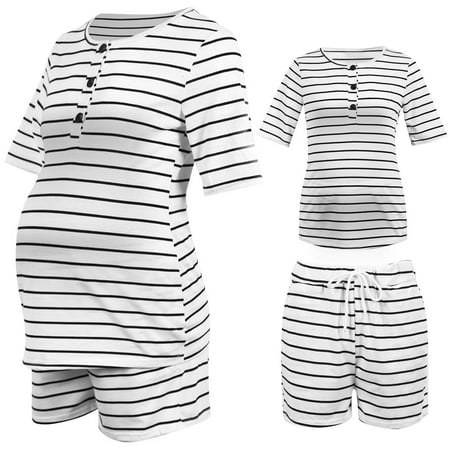 

Leutsin Home Pregnant Clothes Quarter Sleeve Striped Tops Pocket Shorts Maternity Suit
