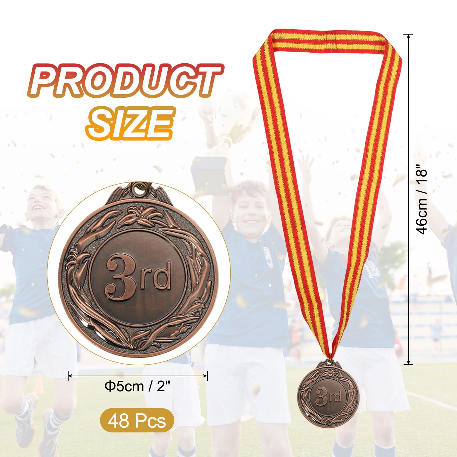 Uxcell 2 Inch Bronze Prizes Award Medals Metal Winner Medals 3rd Place with Neck Ribbon for Sports Games Party Favors 48 Pieces