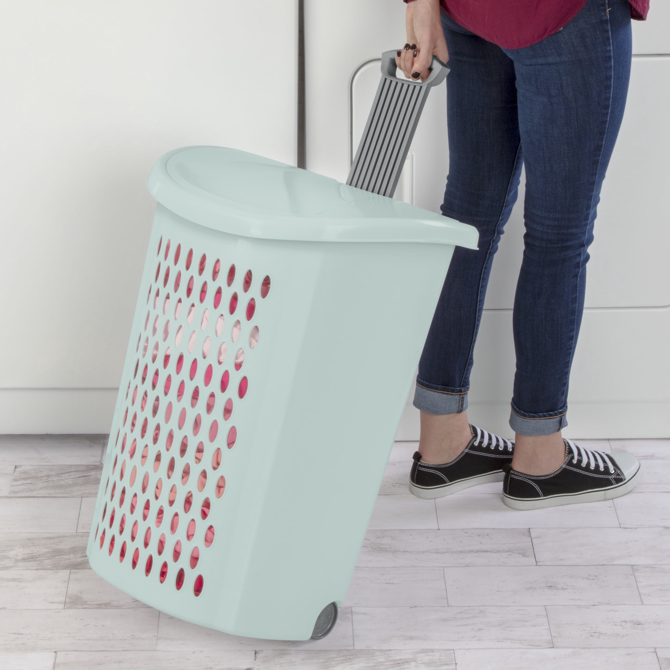 Sterilite Ultra™ Large Wheeled Hamper, Plastic Laundry Hamper with Wheels for Easy Transport, Mint, 3 Pack