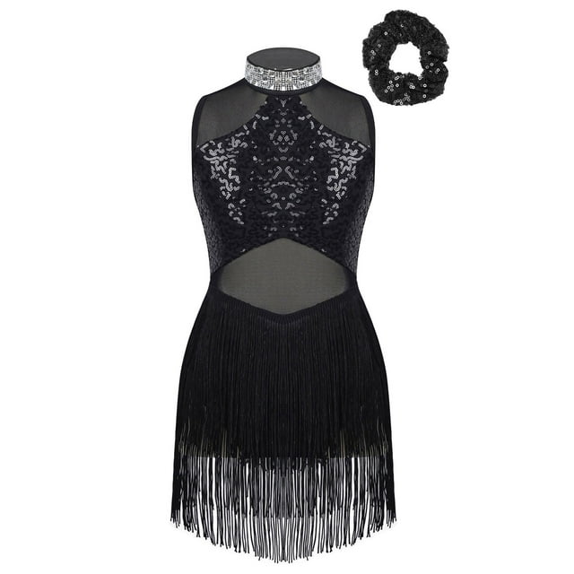Runhomal Justaucorps de Ballet Sans Manches à Paillettes pour Filles, Robe à Franges, Latin Moderne, Jazz, Tango, Rumba, Salsa, Costume de Danse Noir 10