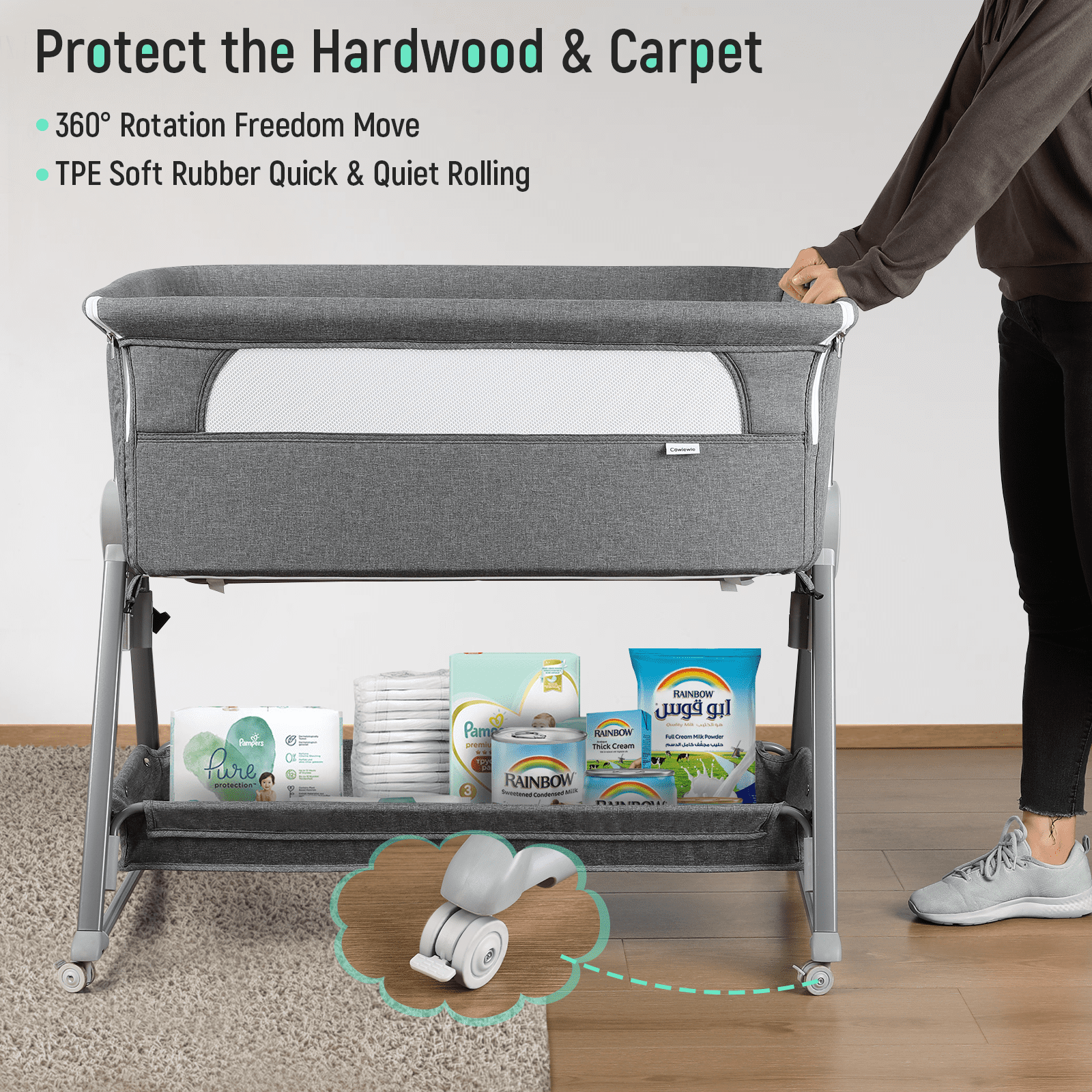 Cowiewie Bassinet with Mattress Large Volume Mobile with Storage Bedside Sleeper for Infant Baby Gray