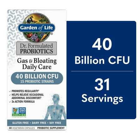 Garden of Life Dr. Formulated Gas & Bloating Relief Probiotic Capsules, 40 Billion CFU - 15 Probiotic Strains, Triple Action Formula, 30ct