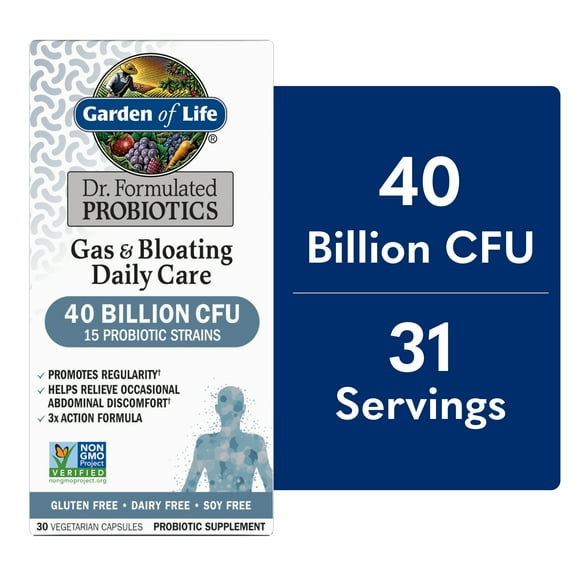 Garden of Life Dr. Formulated Gas & Bloating Relief Probiotic Capsules, 40 Billion CFU - 15 Probiotic Strains, Triple Action Formula, 30ct
