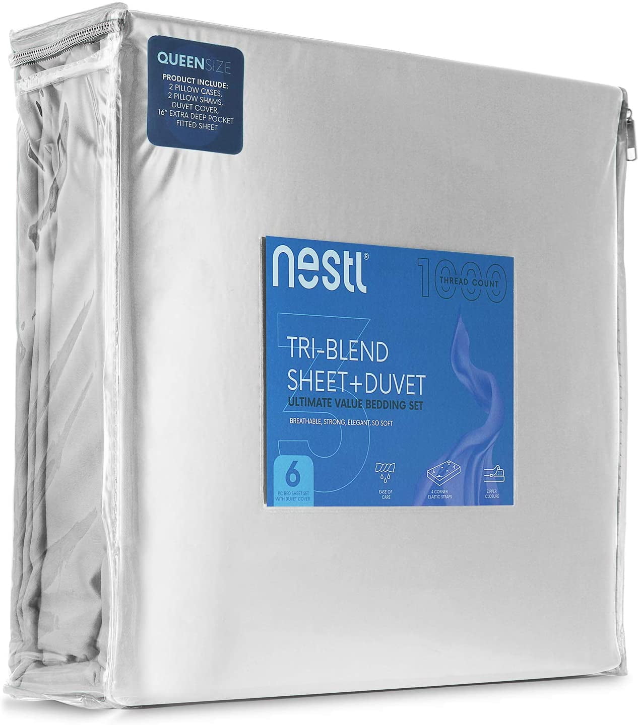 Nestl® 1000 Thread Count Premium Cotton Blend 6 Piece Duvet Cover Set, Includes Duvet Cover, Deep Pocket Fitted Sheet, 2 Pillow Cases, 2 Pillow Shams - Lightweight, hypoallergenic - King, Silver