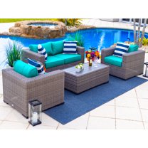 Tuscany 4-Piece M Resin Wicker Outdoor Patio Furniture Conversation Sofa Set with Loveseat, Two Armchairs, and Coffee Table (Half-Round Gray Wicker, Sunbrella Canvas Aruba)
