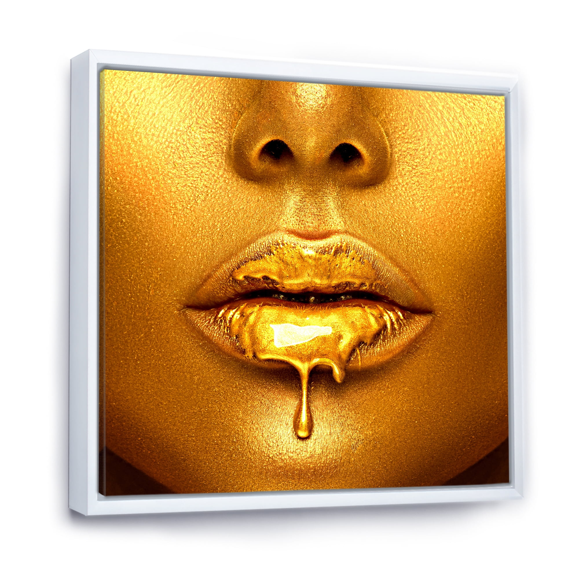 Designart 'Gold Paint Drips From Sexy Girl Lips' Modern Framed Canvas Wall Art Print
