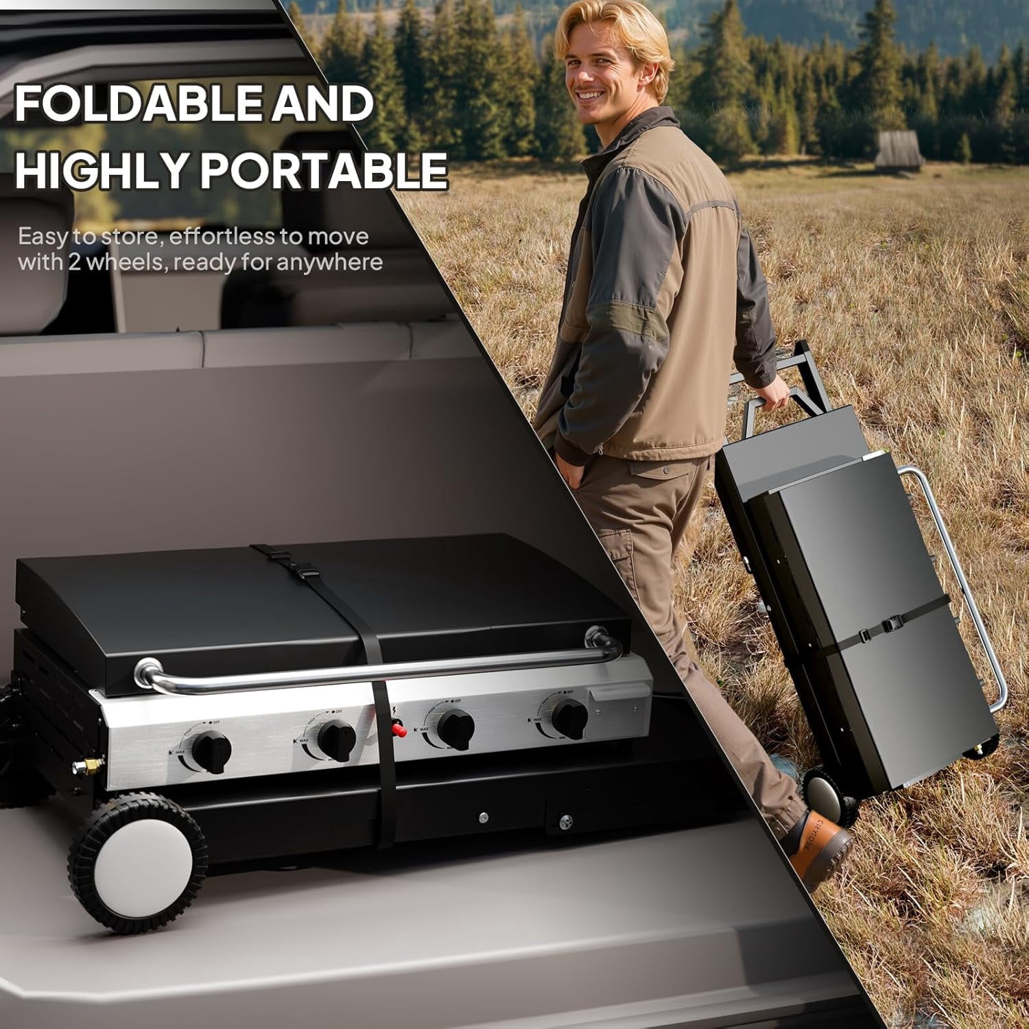 TUFFIOM 4 Burner Foldable Propane Griddle with Wheels, Enameled Tray & Lid, Portable Rolling Flat Top Gas Grill with Electronic Ignition & Regulator for Outdoor Cooking Camping BBQ Tailgating