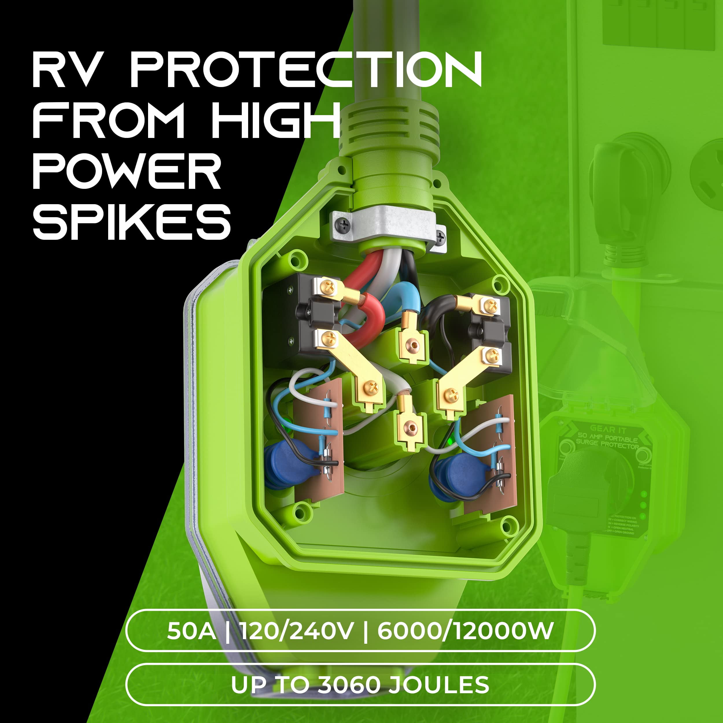 GEARit RV Surge Protector 50 AMP - Circuit Analyzer Voltage Protector/Monitor (3060 Joules) OCP Over Current Protection - Weather Resistant 50A Extension Plug for RV Trailer Travel Outdoor Camper