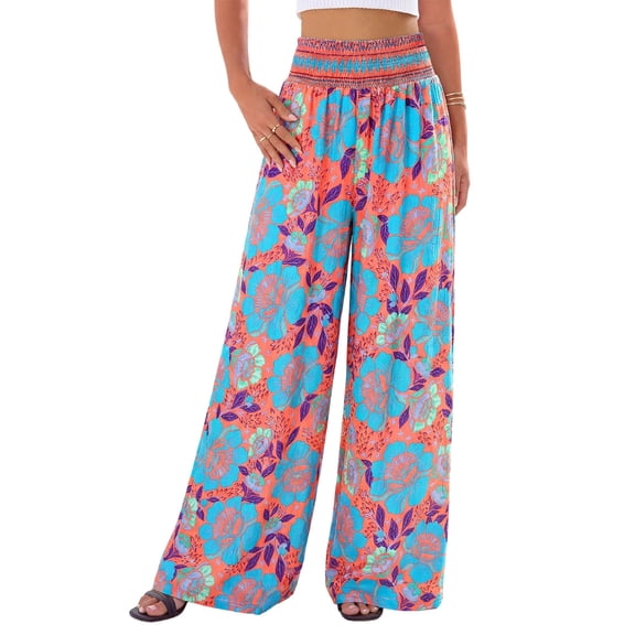 Wide Leg Pants Woman Summer Smocked Waist Floral Pant Wear Spring Beach Vacation Clothes for Women Red & Blue S