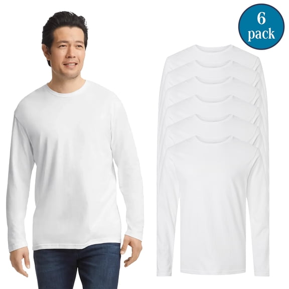 Gildan Men’s Softstyle Long Sleeve T-Shirt, Crewneck Cotton Tee, 6 Pack White Shirt, Size S