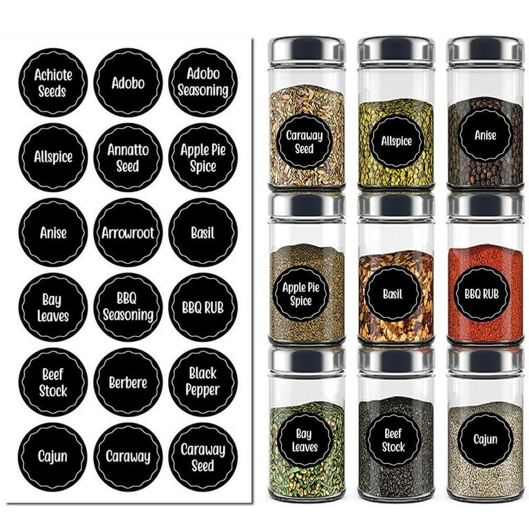 396 Printed Spice Jars Labels and Pantry Stickers: Clear Round Spices Label  1.5 & Pantry Sticker 3” X 1.5” with Write-On Labels – Include a Numbered