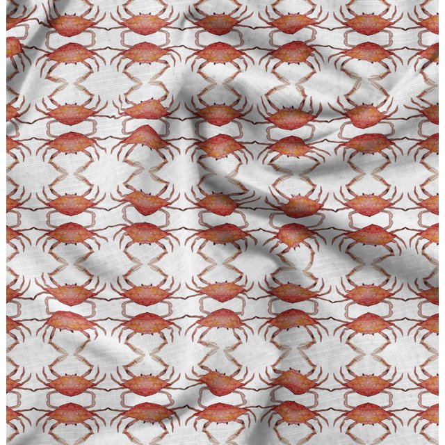 Soimoi White polyester Crepe Fabric Crabs Ocean Print Fabric by Yard 52 Inch Wide