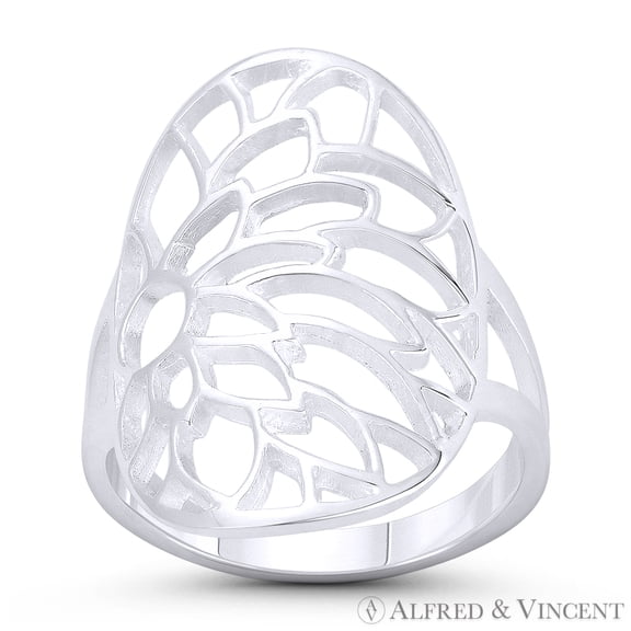 Lotus Flower Buddhist Charm Right-Hand Statement Long Ring in .925 Sterling Silver