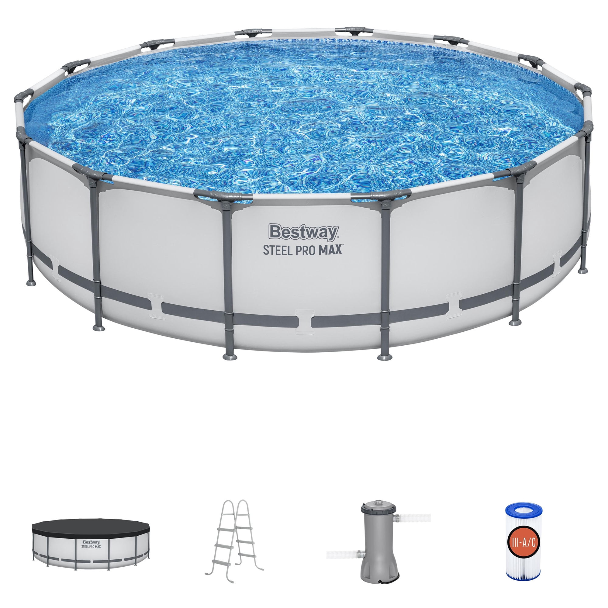 Bestway: Steel Pro MAX - 14' x 42", Grey -Round Above Ground Swimming Pool Set, ClickConnect Frame, Tritech, Filter Pump-Ladder-Cover, 3440 Gal Water
