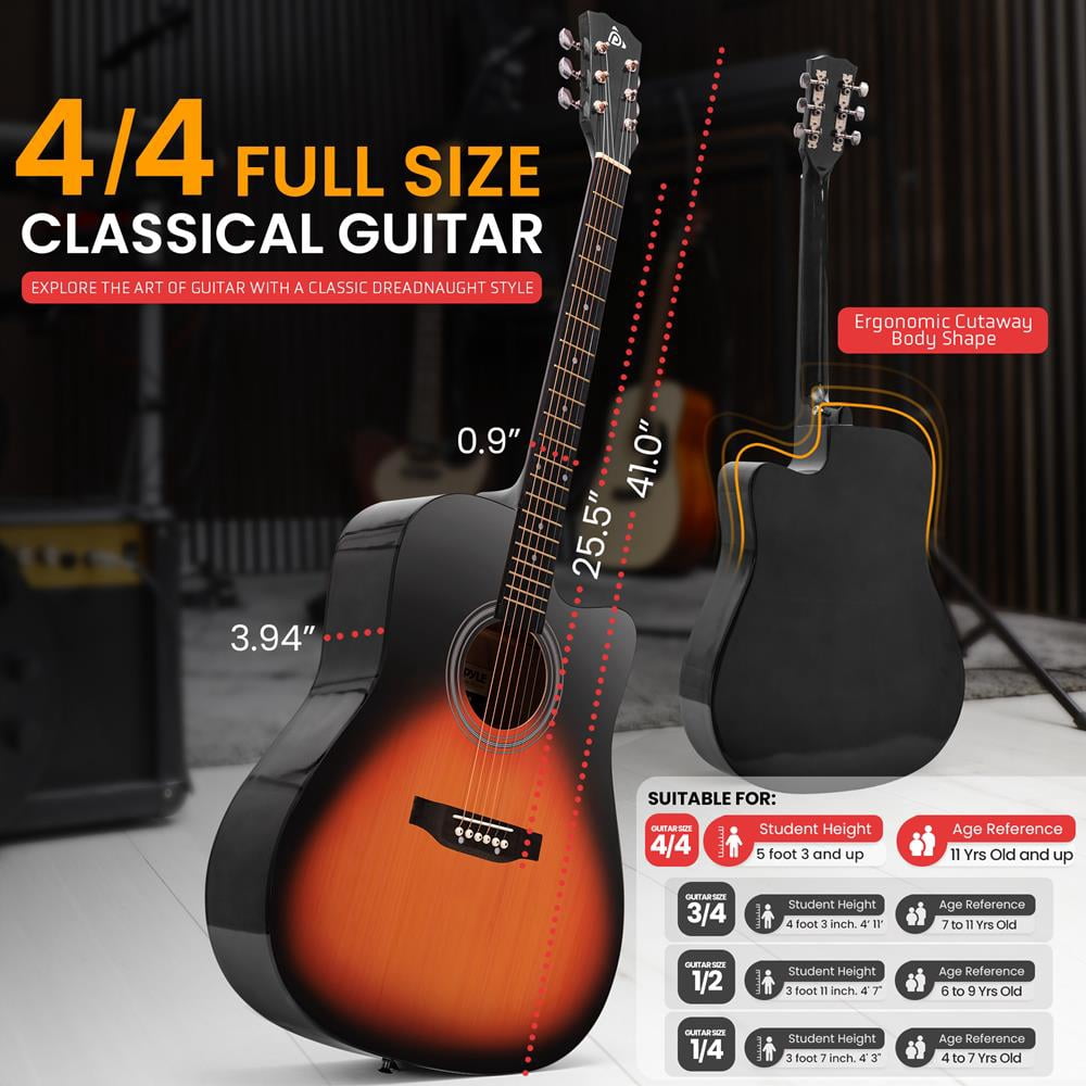 41" Full-Size Acoustic Guitar Kit, Cutaway Body with Digital Tuner, and Accessory Kit, (Sunburst Teardrop)