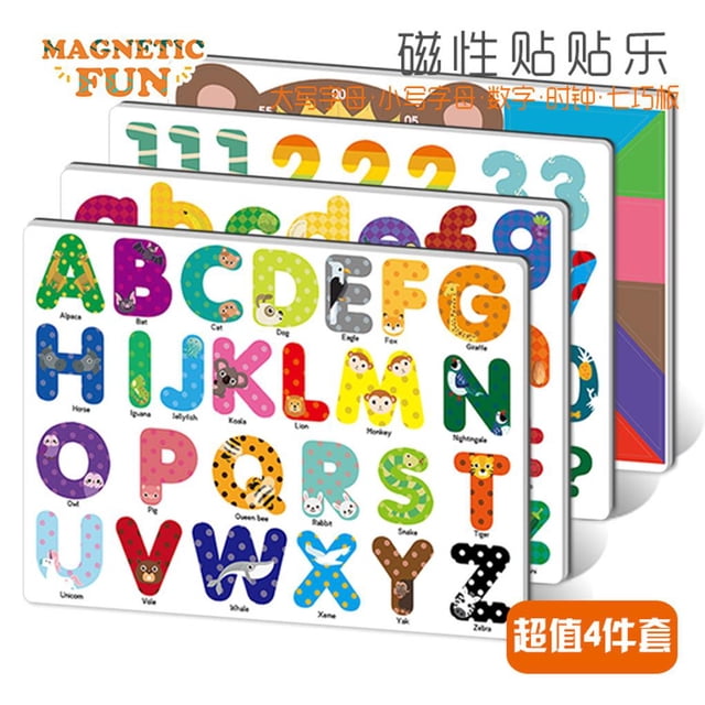 facefd 4Pack Refrigerator Magnetic Stickers Colourful Fridge Letters Number Clock Tangram Toys for Preschool Educational Kids