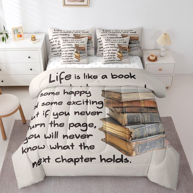 Erosebridal Ensemble de Literie Tout-en-un Grand Lit avec Mots Inspirants, Ensemble de Lit Livres Rétro, Enfants Ados, Réversible 7 Pcs