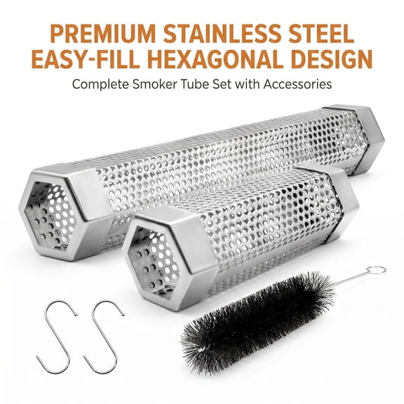 6 inch and 12 inch Stainless Steel BBQ Smoker Tube Set with Brush and 2 Hooks, Cold and Hot Smoke Generator for Grills, Smoking Cheese Beef Fish Nuts