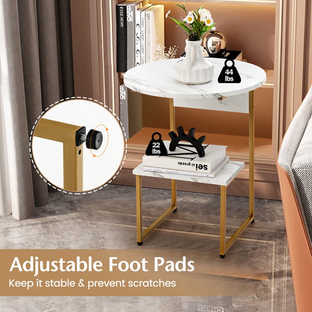 Finihen End Table, 2-Tier Round End Beside Table with Metal Frame, Sofa Side Table, Bed Side Table, for Living Room, Bedroom, White Finihen End Table, 2-Tier Round End Beside Table with Metal Frame, Sofa Side Table, Bed Side Table, for Living Room, Bedroom, White