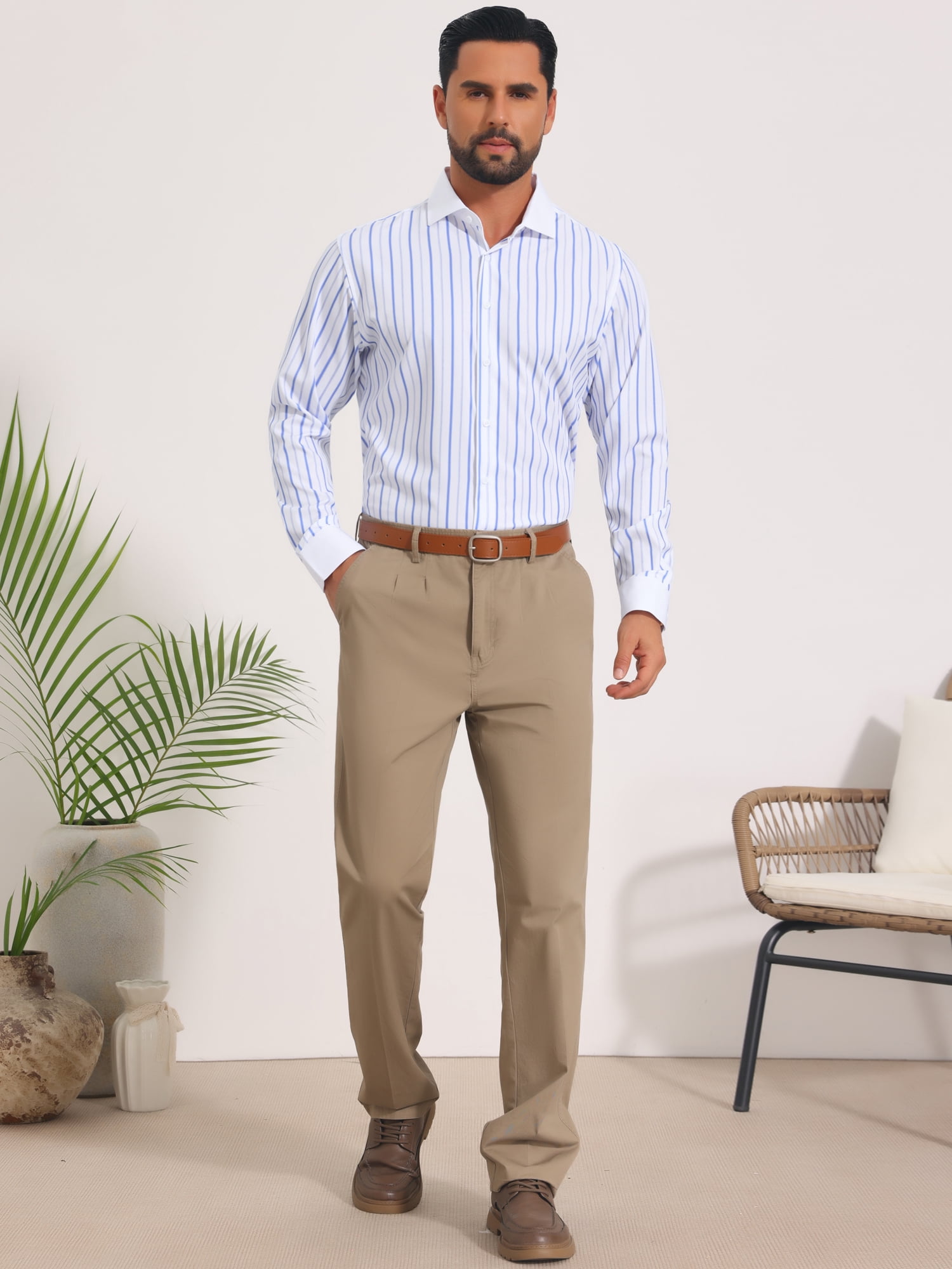 DARING DIVA Men's Striped Button Down Long Sleeve Stretch Shirts M Light Blue