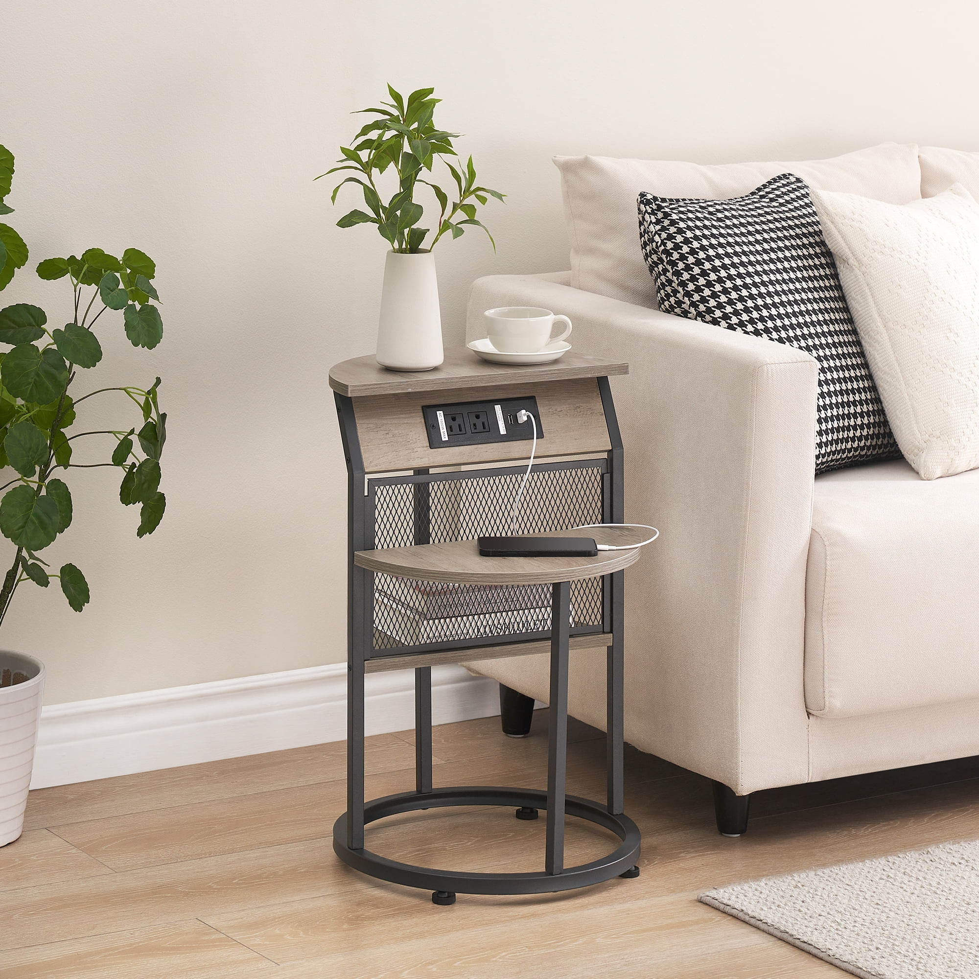 Round End Table with Charging Station, Black Side Table with USB Ports