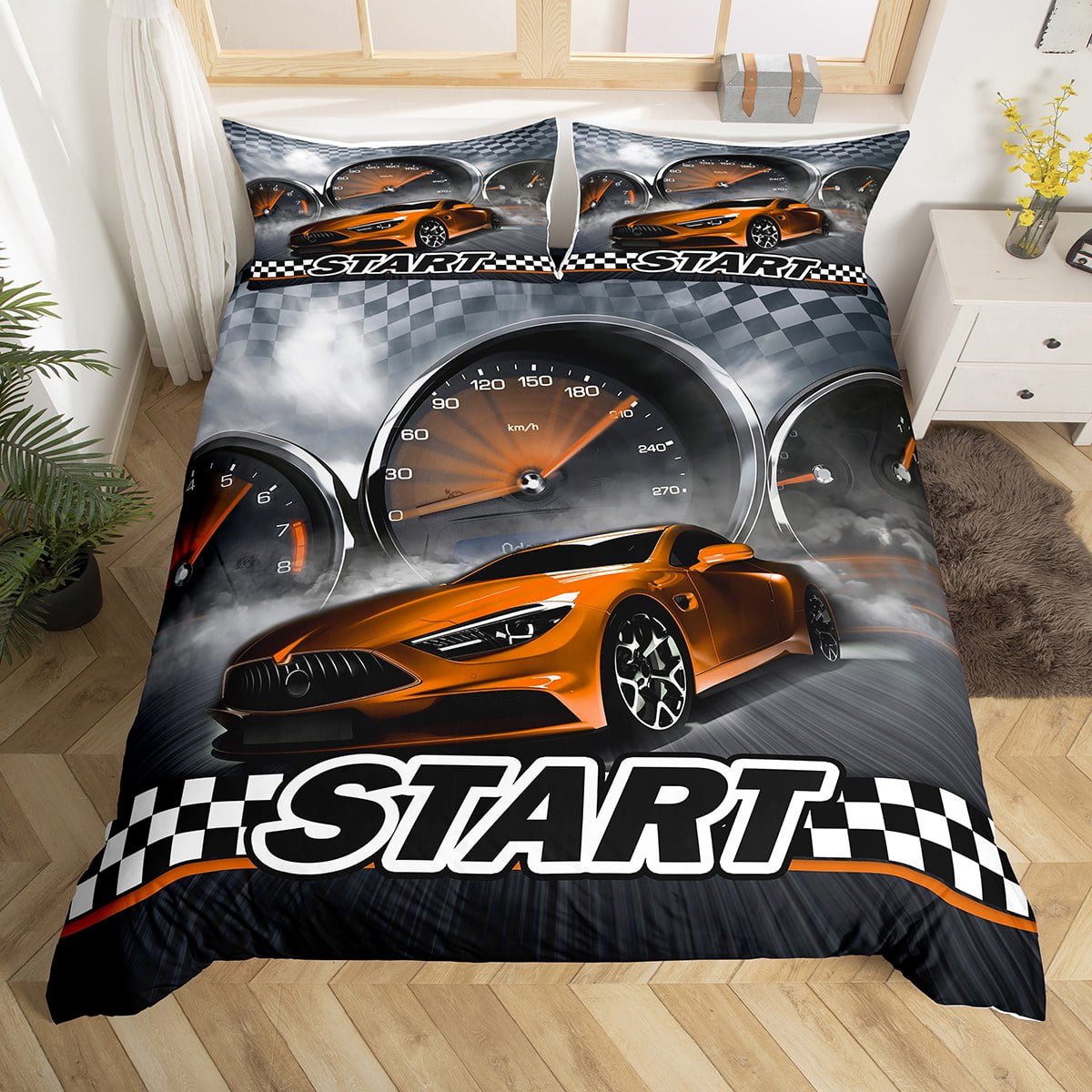 YST Sports Car Bedding Set for Boys Twin Size Comforter Cover Rose Red Racing Car Duvet Cover