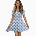 thumbnail image 2 of Blue And White Chinoiserie Flower Bow Women Dress V-Neck Short Sleeve Flowy Swing Party Midi Dress, 2 of 4