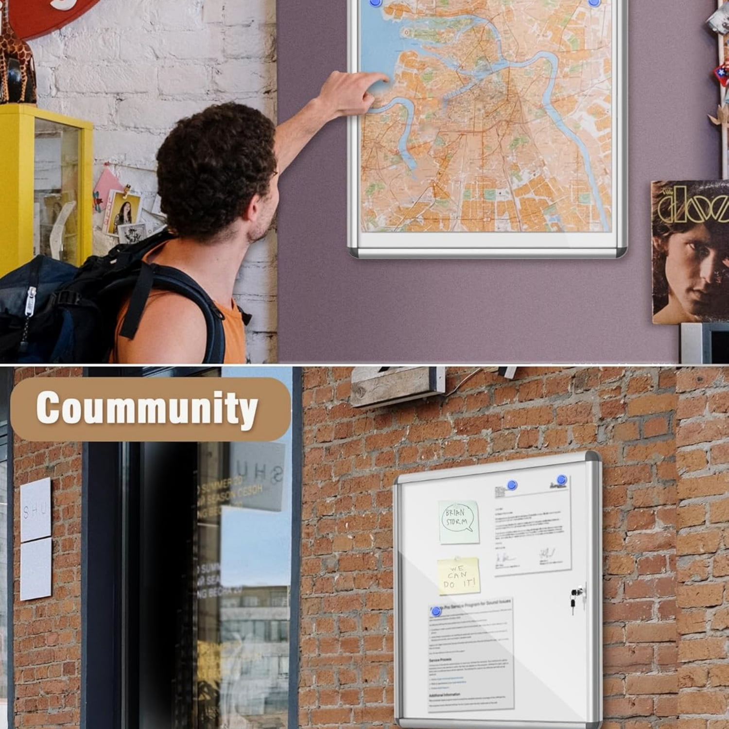 28"x26" Enclosed Bulletin Board, Lockable Weather-Resistant Aluminum Noticeboard for School & Office, Silver Frame w/Magentic Whiteboard