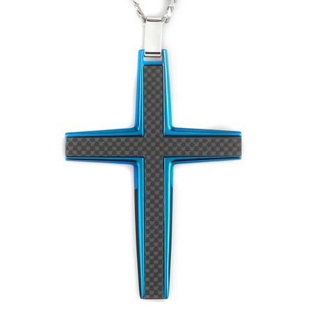 Coastal Jewelry Carbon Fiber Blue Plated Stainless Steel Cross Pendant