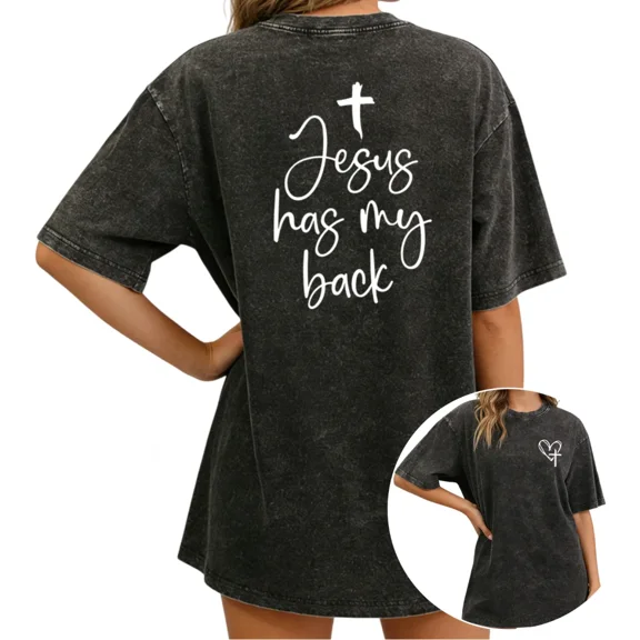 UNISHE Women's Jesus Has My Back Vintage Washed T - Shirt Short Sleeve Oversized Distressed Fit Tee