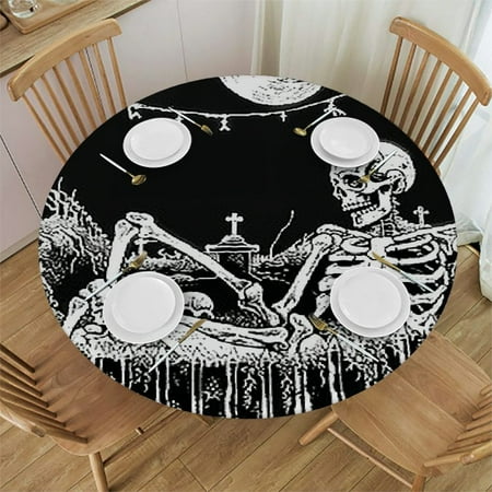 

Autua Skeleton Graveyard Gothic Art Round Table Cover - Stain Resistant & Washable - Indoor Outdoor Tablecloth for Kitchen Dining Wedding Parties - Outdoor Fitted - Halloween