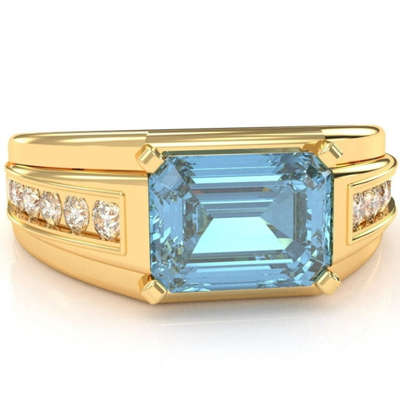 Men's Blue Topaz Diamond Channel Ring In Solid 14k Yellow Gold
