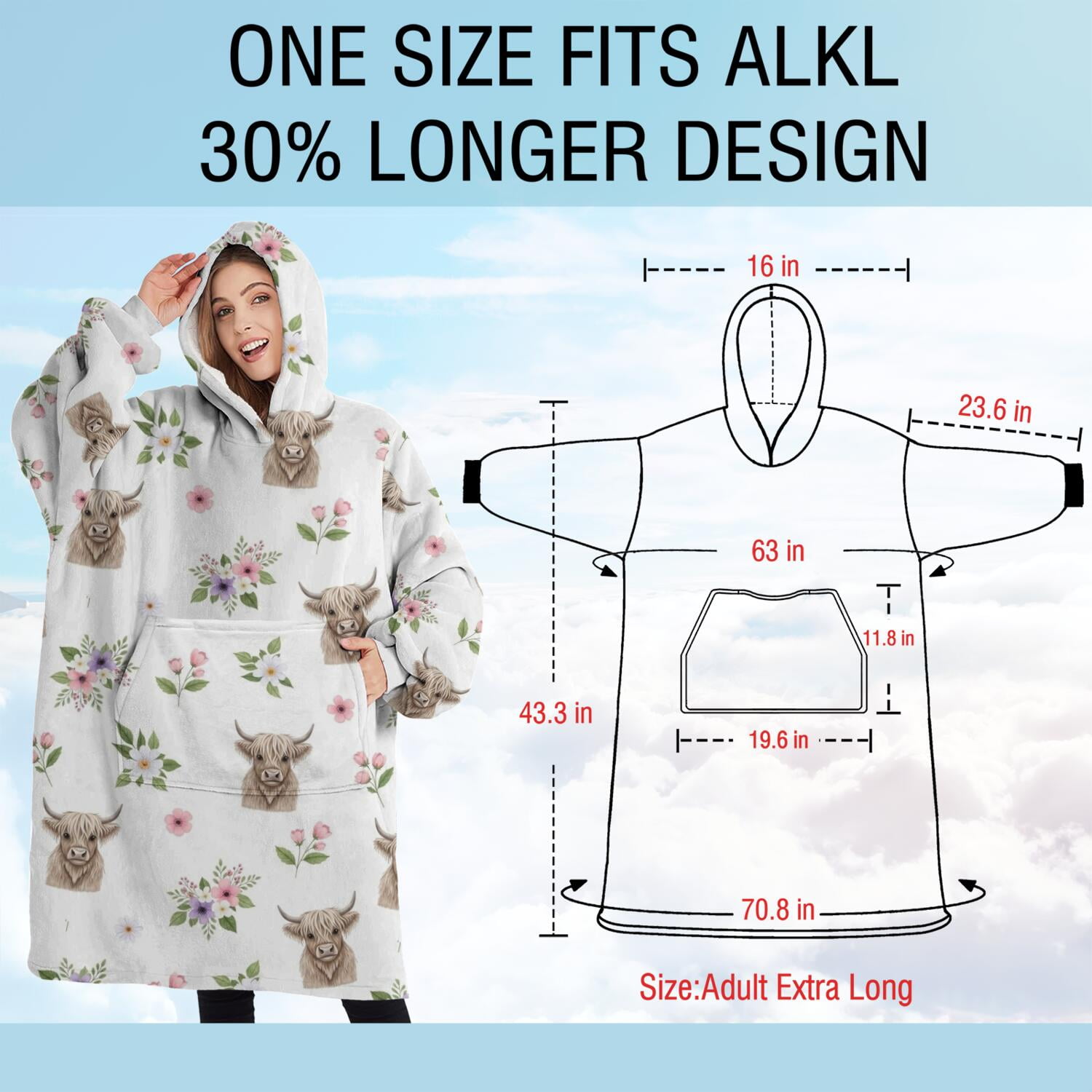 Oversized Wearable Blanket Hoodie,White Highland Cow Flower Pattern Sherpa Blanket Hoodie with Super Pockets,Super Warm Fuzzy Pullover for Women & Men