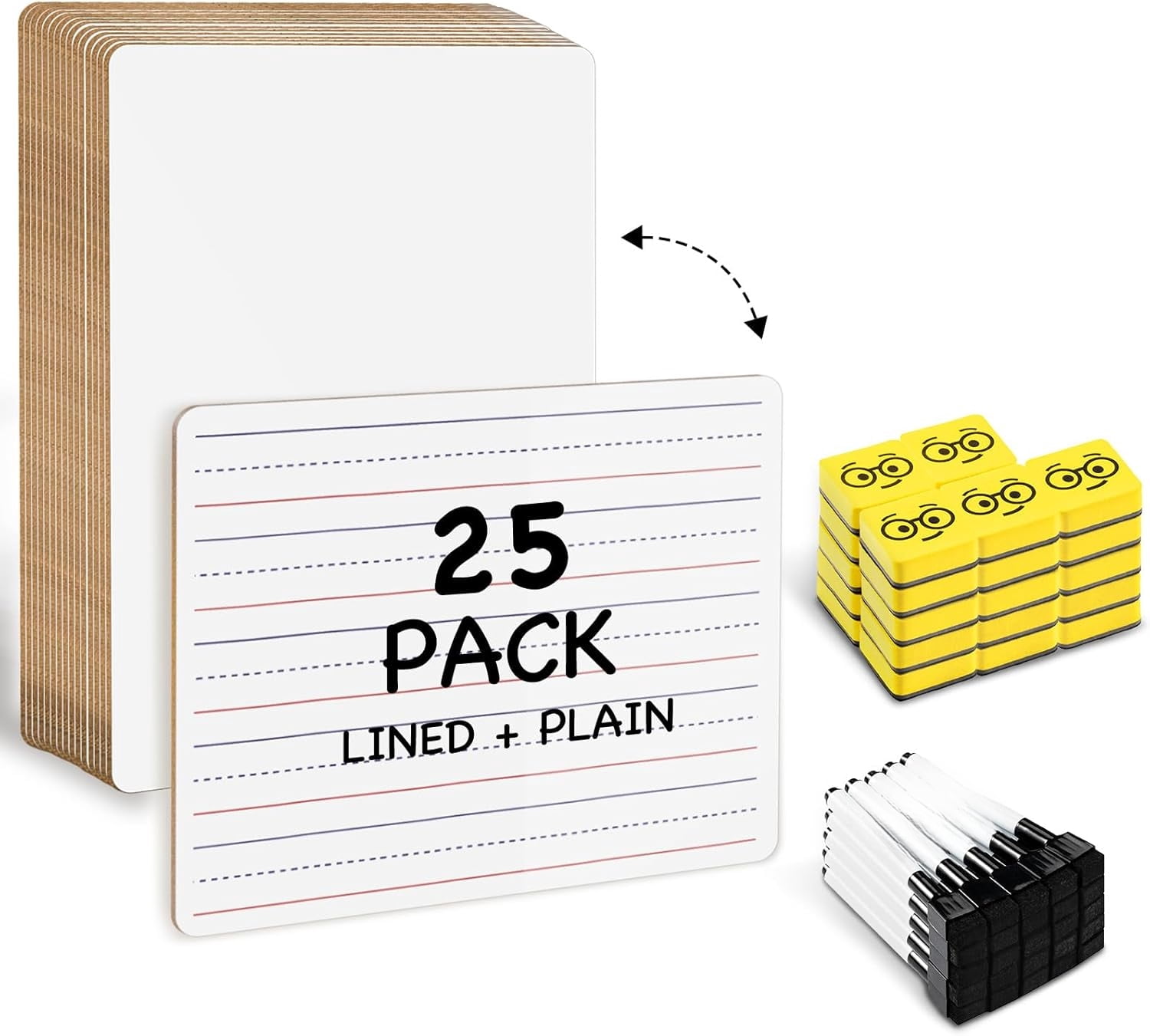 25 Pack Lined/Plain Dry Erase Boards - 9"x12" Double-Sided White Board Class Set - Includes 25 Mini Whiteboards 25 Black Markers and 25 Erasers for Classroom School Office Students Teachers